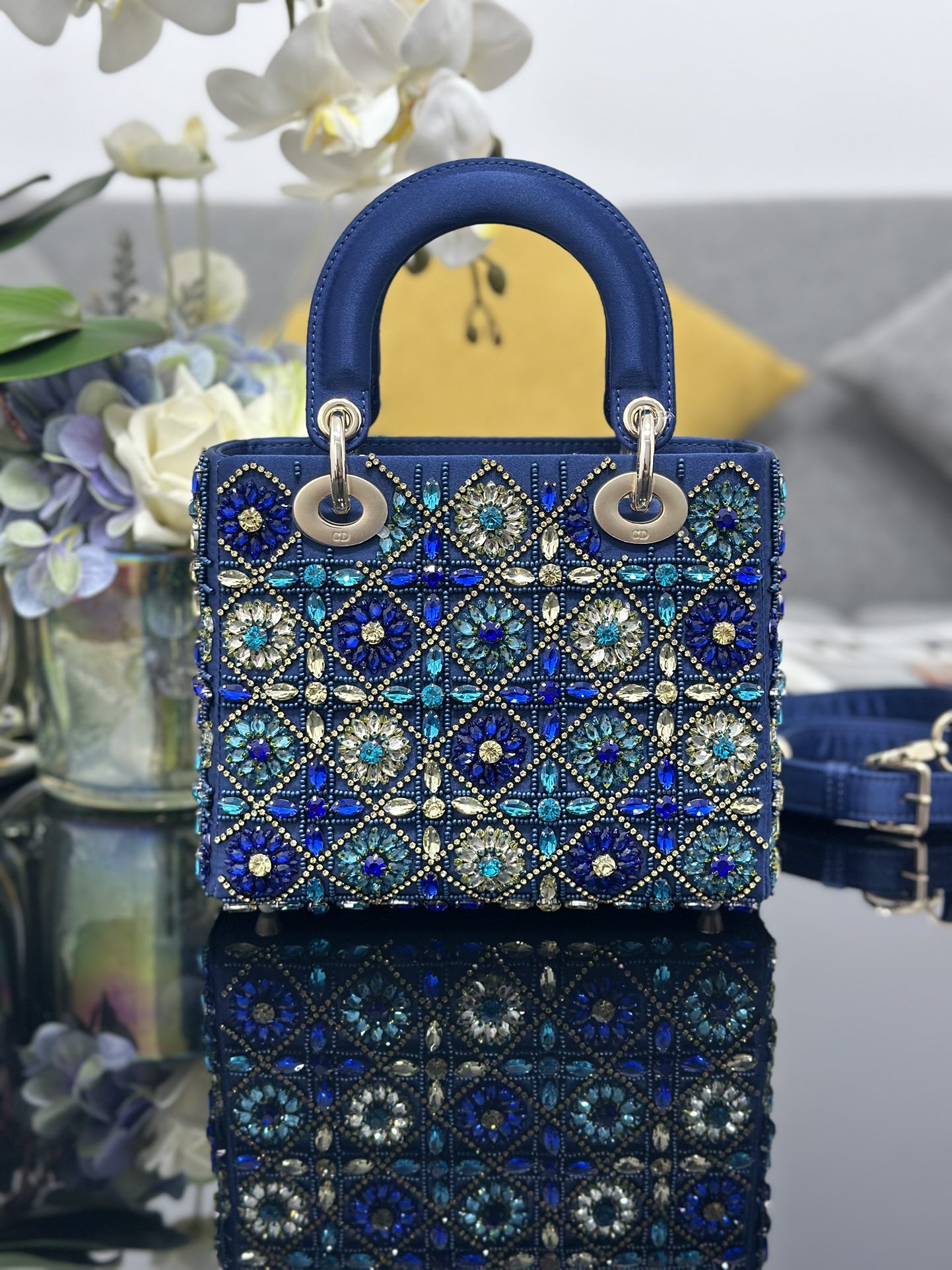 Small Lady Dior Bag Blue Satin Embroidered with Diamond